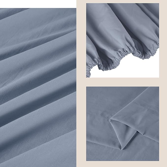 Blue Grey King Size Sheet Set, Pre-washed Microfiber Cotton-Like 4 Pcs Ultra Soft Bedding Set King, Breathable Cooling Skin-Friendly All Seasons, 1 Fitted, 1 Flat, 2 Pillowcases (Blue Grey, King)