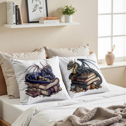 Vintage Magical Blue Dragon Reading Book Decorative Throw Pillow Covers 18x18 Set of 2, Fantasy Room Decor for Kids, Gamers, and Bookworms,Reading Nook Decor, Gifts for Bookworm Readers