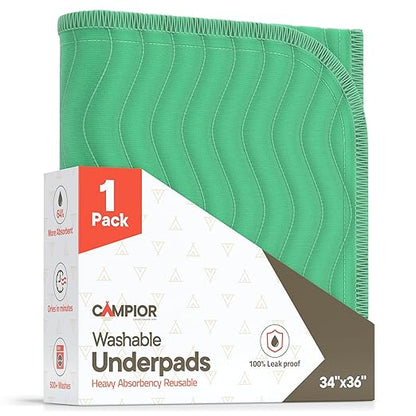 Washable Underpads Large 34"x36" (Pack of 1) – Reusable Waterproof Bed Pads for Adults & Seniors, Extra Heavy Absorbency Incontinence & Bedwetting Pads, Soft Non-Slip TPU Backing, Green.