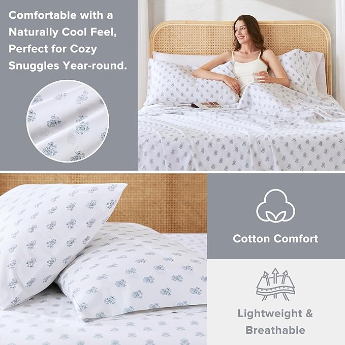 Comfort Spaces 100% Cotton Sheets Twin, Breathable, Naturally Cool Cotton Sheets, Soft Cotton Bed Sheets with 12" Elastic Pocket Fits up to 14" Mattress, All Seasons Sheet Set, Floral Blue 3 Piece
