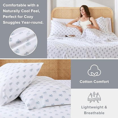 Comfort Spaces 100% Cotton Sheets Full, Breathable, Naturally Cool Cotton Sheets, Soft Cotton Bed Sheets with 14" Elastic Pocket Fits up to 16" Mattress, All Seasons Sheet Set, Floral Blue 4 Piece