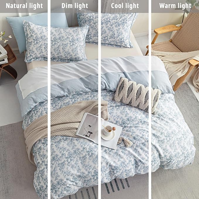 Vintage Cotton Comforter King Size 3Pcs - Elegant Pale Slate Blue Floral Pattern on White with Light Blue & White Striped Reverse, Luxurious Lightweight Bedding Sets with Soft Fill(104"×90")