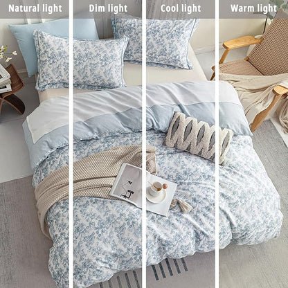 Vintage Cotton Comforter Queen Size 3Pcs - Elegant Pale Slate Blue Floral Pattern on White with Light Blue & White Striped Reverse, Luxurious Lightweight Bedding Sets with Soft Fill(90"×90")