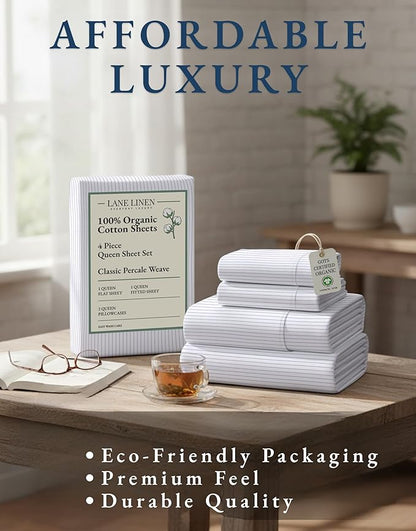 LANE LINEN 100% Organic Cotton Sheet Sets Queen Size, 4Pc Queen Size Cotton Sheets, Hotel Style Sheets, Bedding Sheets & Pillowcases, Queen Sheet Sets Deep Pockets Fits Upto 15" - Blue Ticking Stripe