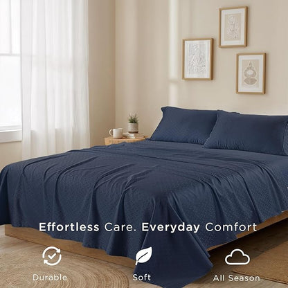 Threadmill Cotton Queen Sheet Set - 100% Cotton Damask Jacquard Sheets With 16" Deep Pocket - Soft Sateen Weave 4-Piece Cooling Bedding for Queen Size Bed - Folkstone Blue