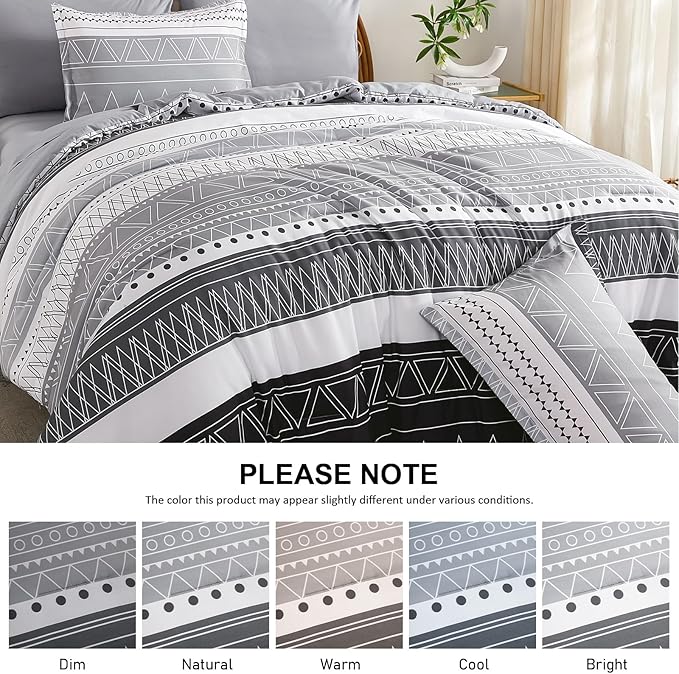WONGS BEDDING King Size Comforter Set 7 Pieces, Boho Grey White Geometric Striped Comforter for King Bed in a Bag, Soft Microfiber Bedding Set with Pillowcases, Flat Sheet, Fitted Sheet, Pillow Shams