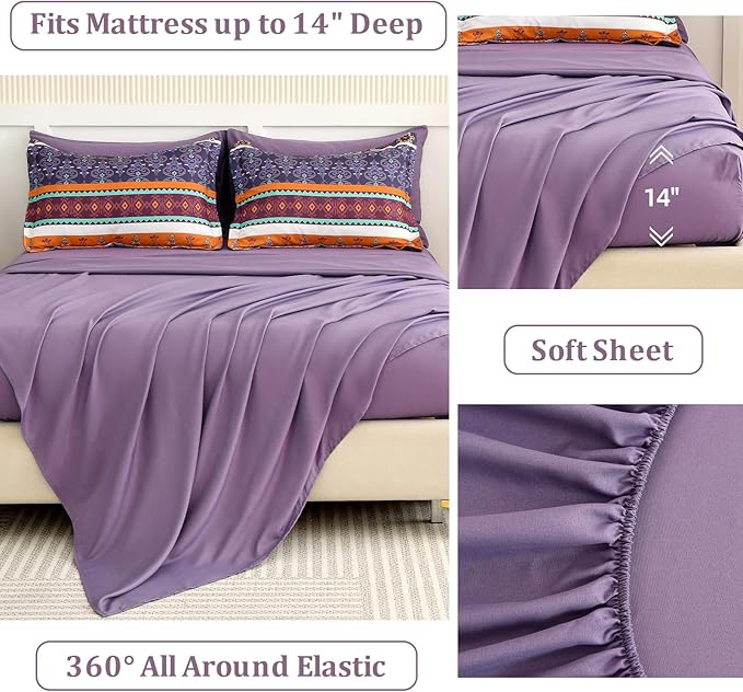 WONGS BEDDING Boho Comforter Set King Size,7 Pieces Bohemian Striped Bedding Comforter Set Bed in a Bag,Purple Paisley Floral Comfortet and Sheet Set,Soft Microfiber Bedding Sets for All Season