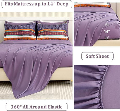WONGS BEDDING Boho Comforter Set King Size,7 Pieces Bohemian Striped Bedding Comforter Set Bed in a Bag,Purple Paisley Floral Comfortet and Sheet Set,Soft Microfiber Bedding Sets for All Season