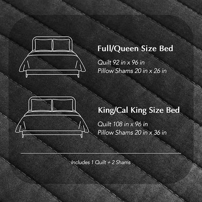 EVERGRACEHOME Cotton Sateen Quilt Set King Size, Pre-Washed Cotton Channel Stitch Coverlet Bedspread, 3 Pieces Lightweight Soft Bedding Sets for All Season, with 2 Pillow Shams, Washed Black