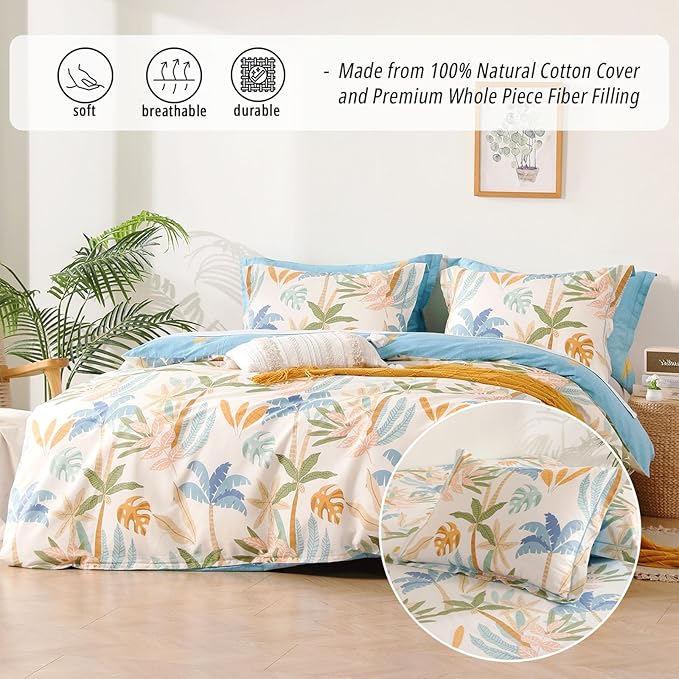 Tropical Coastal Blue Cotton Comforter Queen Size 3Pcs - Bright Orange, Olive Green & Beige Palm and Leaf Patterns, Botanical Lightweight Reversible Bedding Sets with Soft Fill(90"×90")