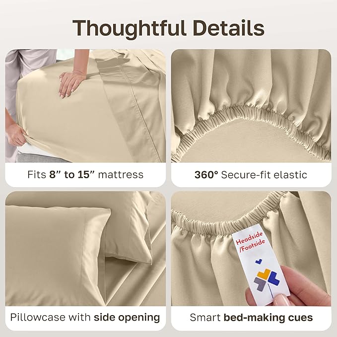 California Design Den Twin XL Sheets Set - 500 Thread Count Sateen, Natural 100% Cotton, Fully Elasticized Deep Pocket Twin XL Cotton Sheets, Breathable Bedding for Dorm Room - Beige