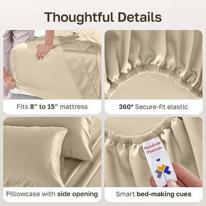 California Design Den Twin Bed Sheets Set - 500 Thread Count Sateen, Natural 100% Cotton Sheets, Fully Elasticized Deep Pockets for a Snug Fit, Breathable Bedding - Beige