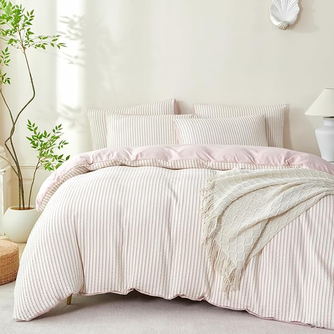 Dusty Pink Comforter Set Queen Size Soft Luxury Washed Microfiber Jacquard 3 Pieces Bedding Set, White Dusty Pink Vertical Ticking Stripes Comforter with 2 Pillowcases Breathable Durable Comfy