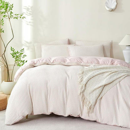 Comforter Set King Size Dusty Pink Soft Luxury Washed Microfiber Jacquard 3 Pieces Bedding Set, White Dusty Pink Vertical Ticking Stripes Comforter with 2 Pillowcases Breathable Durable Comfy