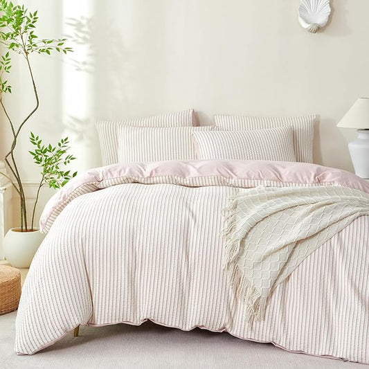 Comforter Set King Size Dusty Pink Soft Luxury Washed Microfiber Jacquard 3 Pieces Bedding Set, White Dusty Pink Vertical Ticking Stripes Comforter with 2 Pillowcases Breathable Durable Comfy