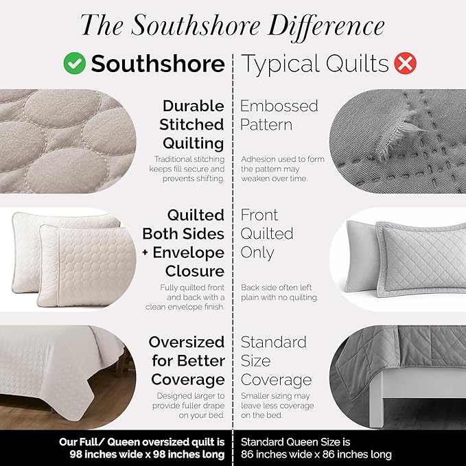 Southshore Fine Living, Inc. Quilted Summer Comforter, Queen Size Bedding Set with 2 Quilted Pillow Shams, Geometric Circle Design Coverlet, Queen/Full Size Bedspread, Lightweight Quilt, Bone
