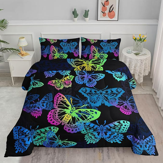 Axolotl Colorful Butterflies Bedding Set,Queen Size Kids Bed Set,Gradient Butterfly Comforter Set,1 Quilt with 2 Pillowcases for Boys Girls Kids Teens Children Adults Room Decor All Season,Black