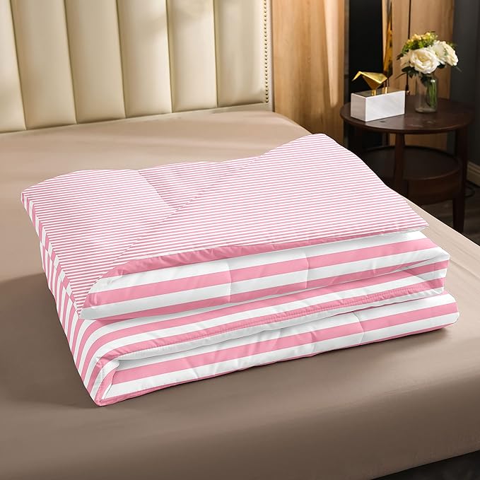 Pink Striped Comforter Set for Kids Girls Red White Stripe Bedding Set King Farmhouse Ticking Stripes Women Reversible Down Comforter Decor Horizontal Stripes Geometric Lines Lightweight Duvet Set