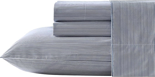 Nautica - King Size Sheet Set, Crisp & Tailored Cooling Sheets with a Smooth Cotton Percale Lightweight Feel - Bed Sheets with Matching Pillowcases & Fitted Sheet (Penny Pinstripe Navy)
