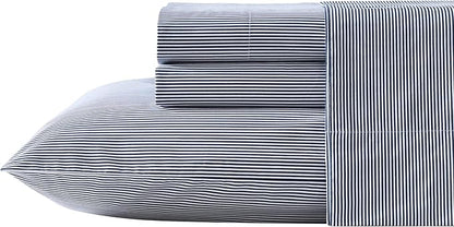 Nautica - Twin Sheet Set, Lightweight & Breathable Cotton Percale Bedding Set with Matching Sham(s), Crisp & Cool Bedding Essentials, Oeko-Tex Certified (Penny Pinstripe Navy, Twin)