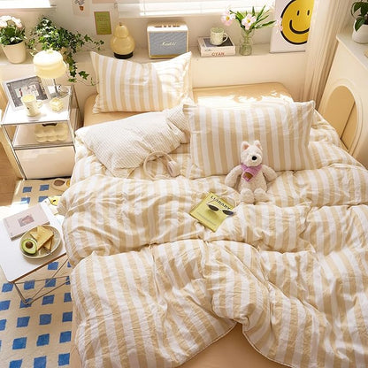 EAVD Beige Striped Duvet Cover Twin XL Soft Washed Microfiber Striped Reversible Bedding Set with 2 Pillowcases Modern Farmhouse Geometric Pattern Duvet Cover with Zipper Closure