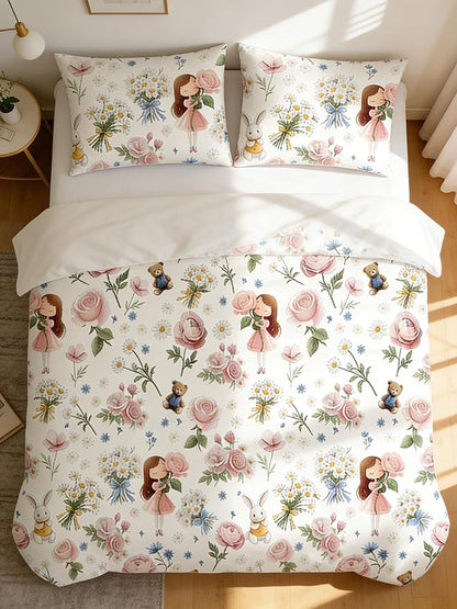 Girls Twin Size Bed in A Bag for Kids, 5Pcs Pink Rose Comforter Set Priness Rabbit Bear Bedding, 1 Quilted Comforter(68"x86")&2 Pillowcase&1 Flat Sheet &1 Fitted Sheet
