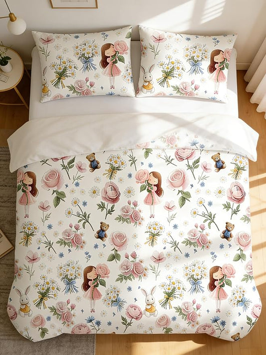 Girls Twin Size Bed in A Bag for Kids, 5Pcs Pink Rose Comforter Set Priness Rabbit Bear Bedding, 1 Quilted Comforter(68"x86")&2 Pillowcase&1 Flat Sheet &1 Fitted Sheet