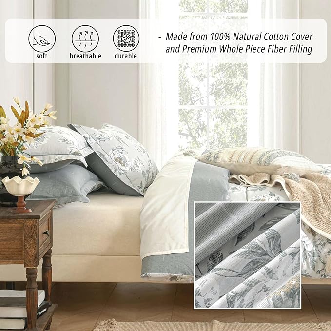 Floral Cotton Comforter Queen Size - Light Grey Comforter Printed with Vintage Ivory Flowers & Dark Yellow Stamens,Reversible Lightweight Bedding Sets 3Pcs(90"×90")
