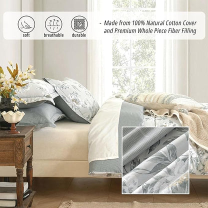 Floral Cotton Comforter Queen Size - Light Grey Comforter Printed with Vintage Ivory Flowers & Dark Yellow Stamens,Reversible Lightweight Bedding Sets 3Pcs(90"×90")