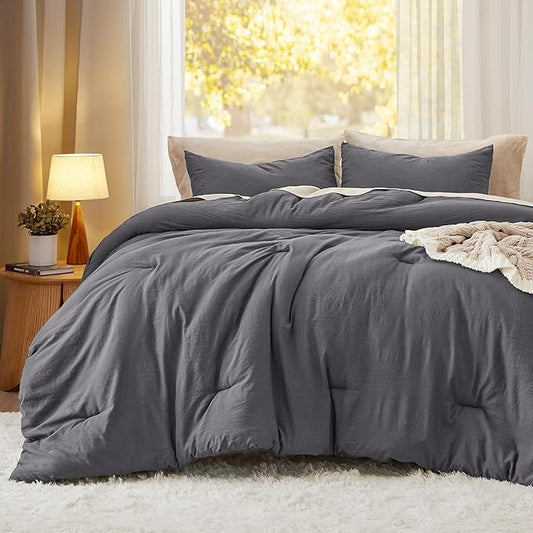 Bedsure Queen Comforter Set, Dark Grey Soft Prewashed Bedding for All Seasons, 3 Pieces GentleSoft™ Bed Set, 1 Lightweight Comforter (90"x90") and 2 Pillowcases (20"x26")