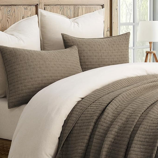EVERGRACE Cross Stitch Pre-Washed Cotton Quilt Bedding Set Queen Size, Oversized 3 Pieces Lightweight Bedspread Coverlet for All Season, with 2 Matching Shams, Mocha Brown, 92"x96"