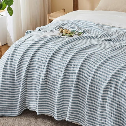 EMME Cotton Muslin Twin XL Blanket Breathable Gauze Soft Lightweight Adults Gifts for Women (Striped Teal, 66"x90")
