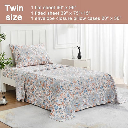 JSD Paisley Printed Sheet Set Twin Size, 3 Piece Soft Pattern Microfiber Sheets Extra Deep Pocket