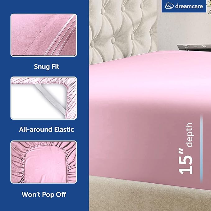 DREAMCARE Queen Sheet Set – 6 pcs Cooling Bed Sheets – up to 15” Deep Sheets Queen Size Bed Set – 2500 Supreme Collection – Extra Soft 100% Brushed Microfiber Hotel Luxury with Side Pocket, Pink