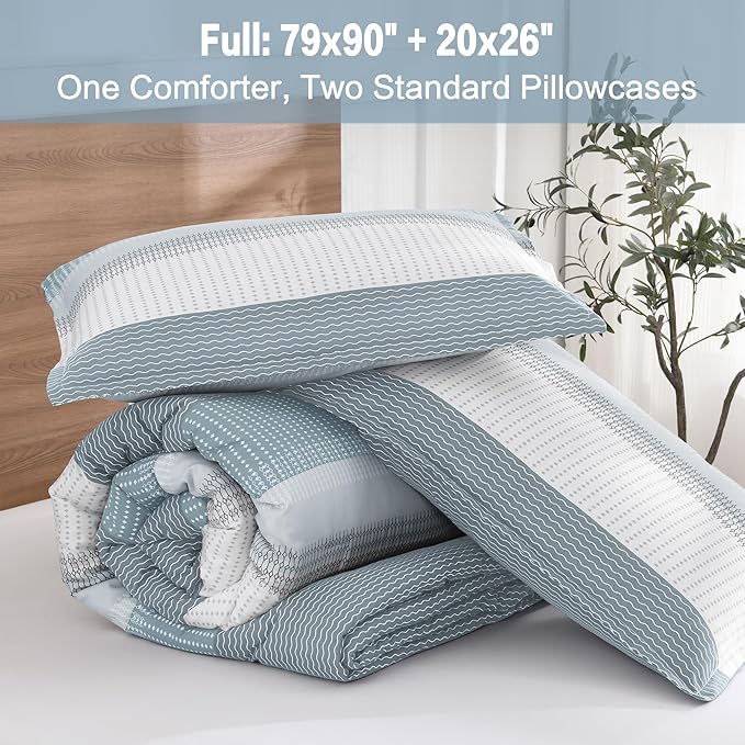 Litanika Comforter Set - Lightweight Quilt Bedding Comforter Sets, Colorblock Stripe Fluffy Bed Set, All Season Down Alternative, Full Light Blue