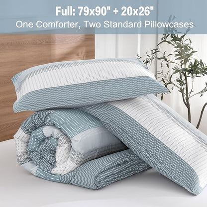 Litanika Comforter Set - Lightweight Quilt Bedding Comforter Sets, Colorblock Stripe Fluffy Bed Set, All Season Down Alternative, Full Light Blue