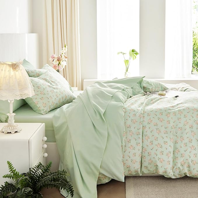 Wake In Cloud - Coquette Duvet Cover Set, Floral Cottagecore Flower Shabby Chic Cute Aesthetic, Soft Lightweight Bedding for Women Teen Girls, 3-Piece, Green Pink, Queen Size
