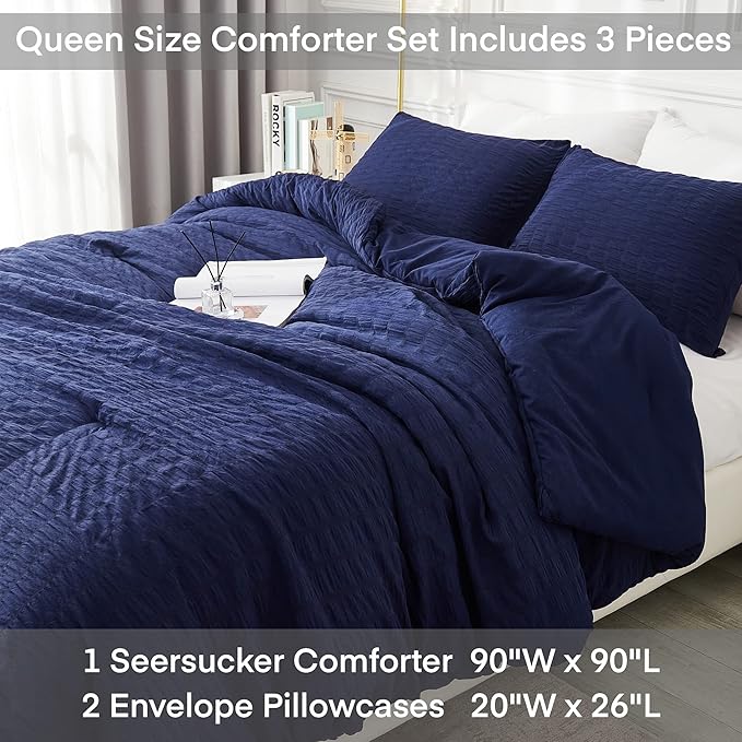 AveLom Seersucker Queen Comforter Set (90x90 inches), 3 Pieces - 100% Soft Washed Microfiber Lightweight Comforter with 2 Pillowcases, All Season Down Alternative Comforter Set for Bedding, Navy