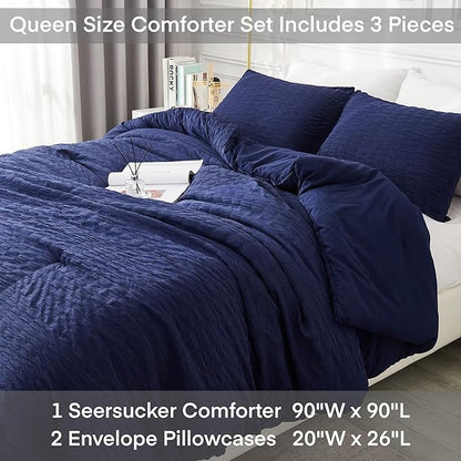 AveLom Seersucker Queen Comforter Set (90x90 inches), 3 Pieces - 100% Soft Washed Microfiber Lightweight Comforter with 2 Pillowcases, All Season Down Alternative Comforter Set for Bedding, Navy