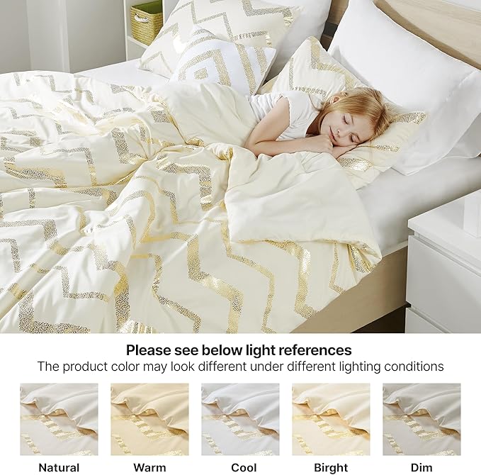 Codi Teen Bedding Set Twin Size, Cute Ivory & Gold Comforter Sets for College Dorm Girls, 3 Pieces - All Seasons Warm