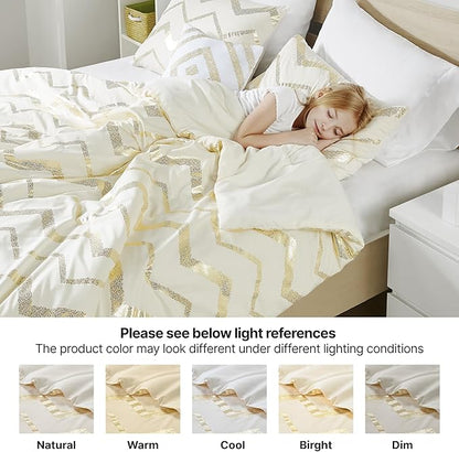 Codi White and Gold Bed Comforter Set, Cute Queen and Full Size Golden Teen Girls Bedding, 4 Pieces - All Seasons Warm