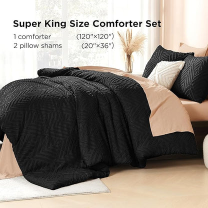 Litanika Super King Comforter Black, 3 Pieces Tufted Boho Farmhouse Bedding Comforter Set, Lightweight Fluffy All Season Comforter Set (120x120In Comforter & 2 Pillowcases)