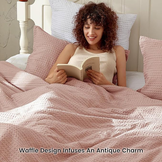 PHF Soft Waffle Comforter Set Queen Size- Comfy Breathable Waffle Weave Comforter with 2 Pillow Shams, 3 Pieces Less Snagging Lightweight Textured Bedding Set for All Season, Rose Pink