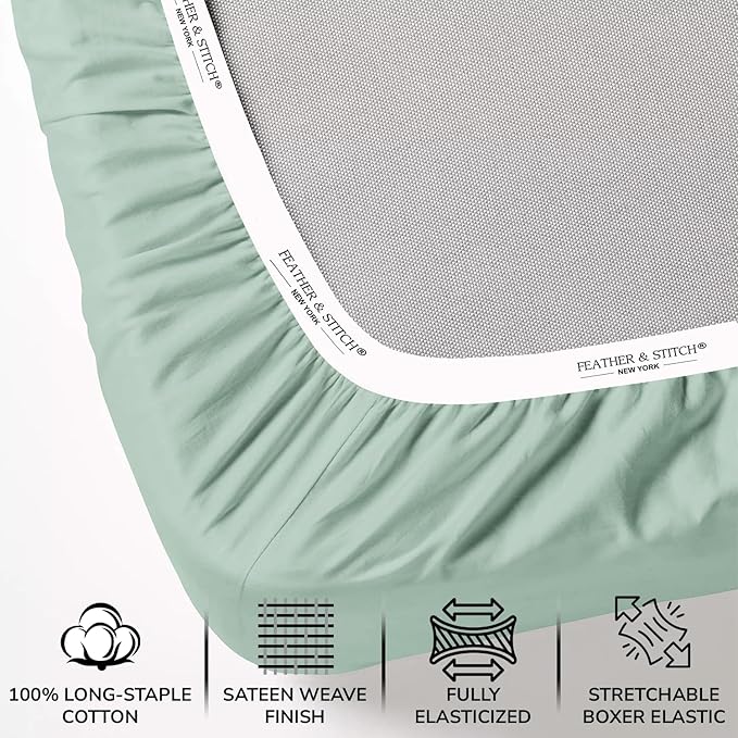 Feather & Stitch 500 TC Queen Size 4pc Damask Bed Sheet Set, 100% Soft Cotton Breathable Bedsheets, 18" Deep Pockets Sateen Weave Striped Bedding Mattress Resort Hotel Luxury Decor - (Soft Sage)