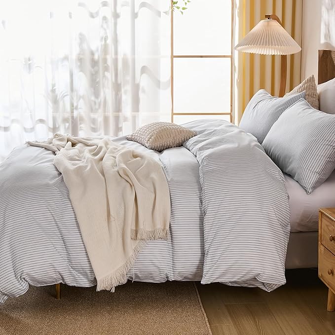 Merryword Striped Duvet Cover Set King Size - 100% Cotton Duvet Cover Set with Zipper Closure & 8 Corner Ties, Blue Pinstripe Bedding Set 3 Pieces, Soft Linen Like Bedding Set for All Seasons