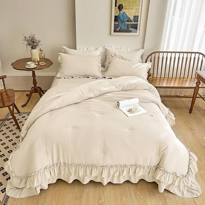 AIKASY Camel Ruffle Comforter Twin, 3 Pieces Vintage Ruffle Fringe Comforter, Farmhouse Rustic Microfiber Down Alternative Bedding Comforter Set (1 Comforter + 2 Pillow Shams)