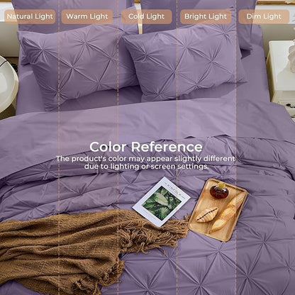 Sasttie King Size Comforter Set, 7-Piece Bed in a Bag, Pintuck Bedding Set for All Season, Includes Comforter, Flat Sheet, Fitted Sheet, Pillowcases and Pillowshams, New Purple