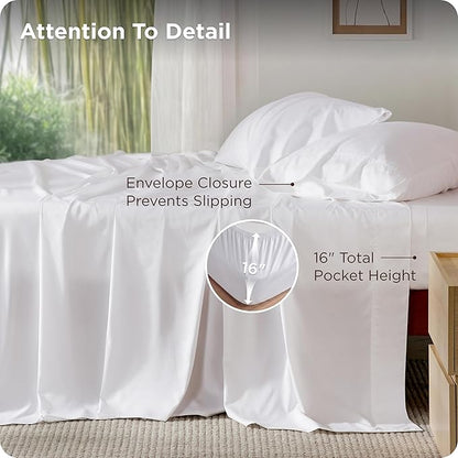 Bedsure Queen Sheet Set, Cooling Sheets for Queen Size Bed Set, Rayon Derived from Bamboo, PureWoven, Breathable & Soft, Deep Pocket Up to 16 Inches, Hotel Luxury Silky Bedding for Hot Sleepers, White