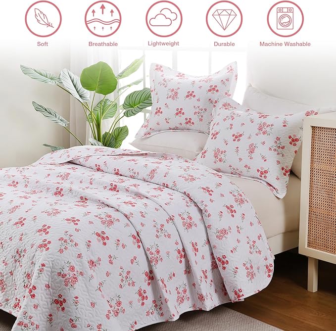 Pink Floral Quilt Set Queen Size - Reversible Shabby Chic Bed Quilts Lightweight Girly Bedding Bedspreads Quilted Coverlets with 2 Pillow Shams for All Seasons (90"×90")