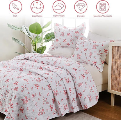 Pink Floral Quilt Set Queen Size - Reversible Shabby Chic Bed Quilts Lightweight Girly Bedding Bedspreads Quilted Coverlets with 2 Pillow Shams for All Seasons (90"×90")